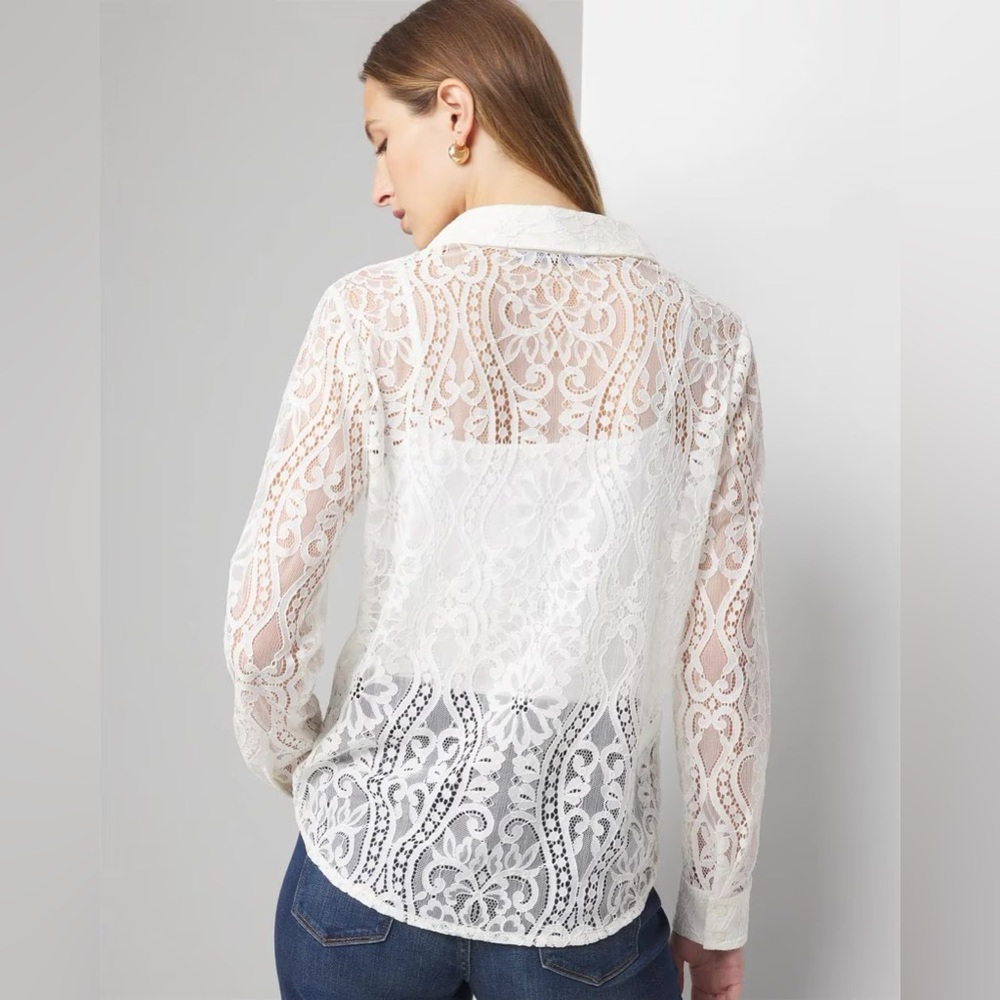 White House Black MarketLong Sleeve  Lace Button Down Shirt in Ecru Size Medium - Picture 3 of 7